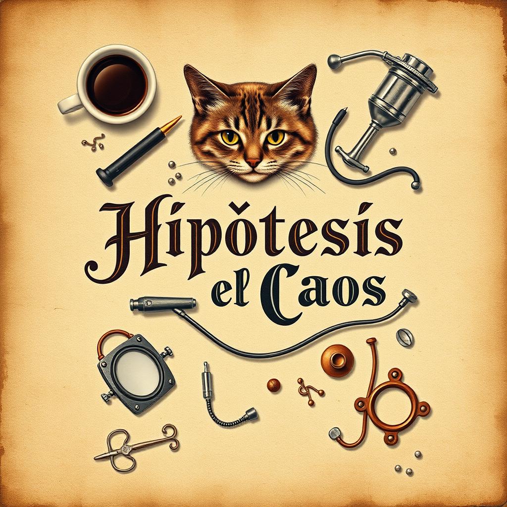 A vintage-style book cover featuring elements that beautifully incorporate coffee, a cat, and various medical gadgets, all intertwined in a creative and artistic manner