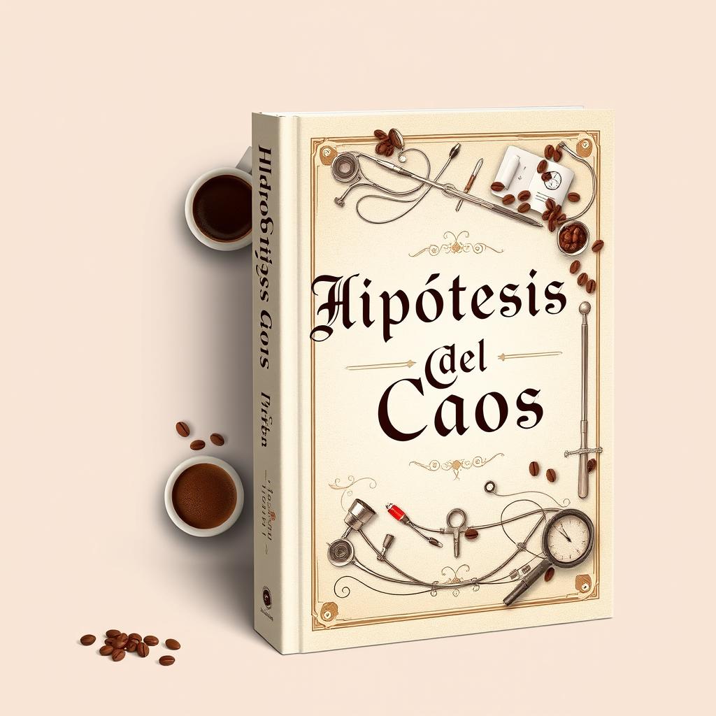 A sophisticated book cover design featuring artistic elements that incorporate coffee and various medical gadgets
