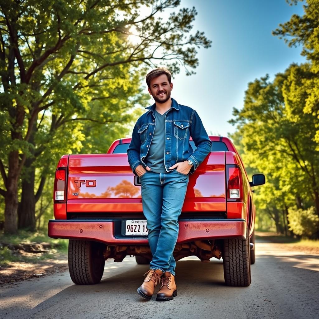A man standing behind a truck, dressed in casual clothing with a slight smile on his face, showcasing a rugged, outdoorsy vibe