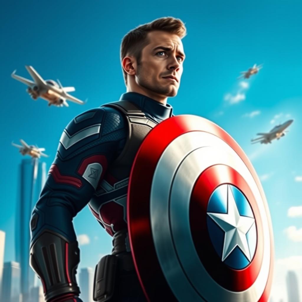 A dynamic and dramatic portrait of Captain America in his iconic costume featuring a powerful shield, set against a futuristic cityscape