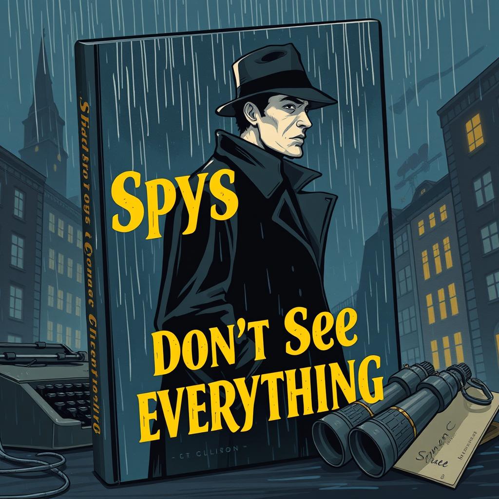 A beautifully illustrated book cover for a retro detective novel titled 'Spys Don't See Everything'