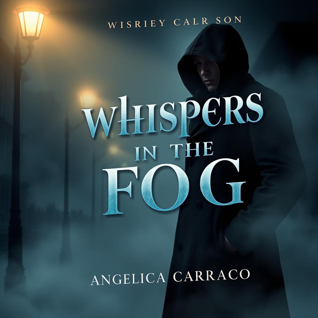 An exquisite book cover design for a retro detective novel titled "Whispers in the Fog" by Angelica Carrasco