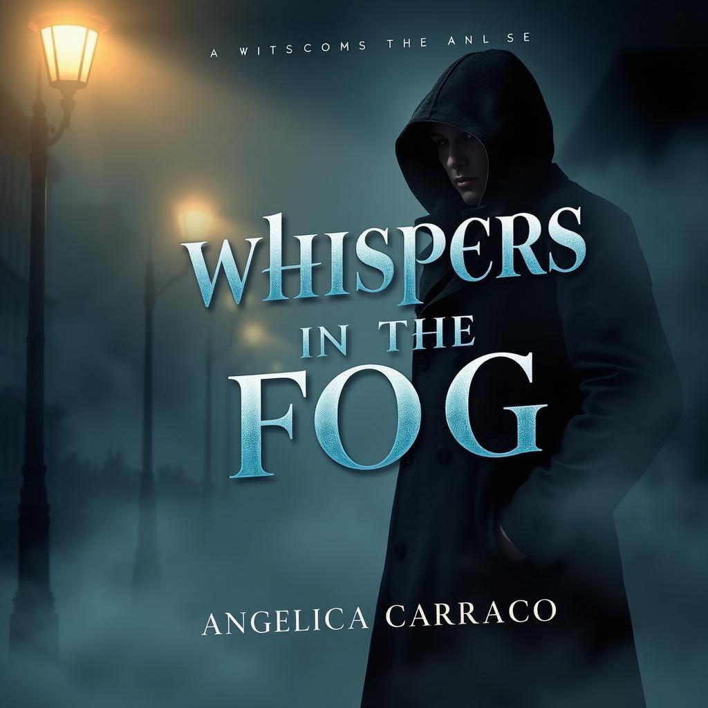 An artistic reinterpretation of a book cover for a retro detective novel titled "Whispers in the Fog" by Angelica Carrasco