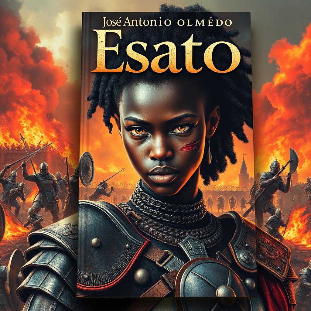 An epic and spectacular book cover for a historical novel set in Africa, featuring a young black queen from a thousand years ago