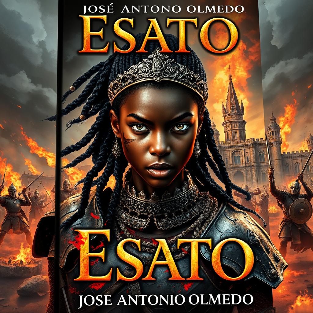 An epic and spectacular book cover for a historical novel set in Africa, featuring a young black queen from a thousand years ago