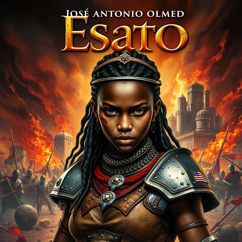 A striking and realistic book cover for a historical novel set in Africa, featuring a young black queen as the main character