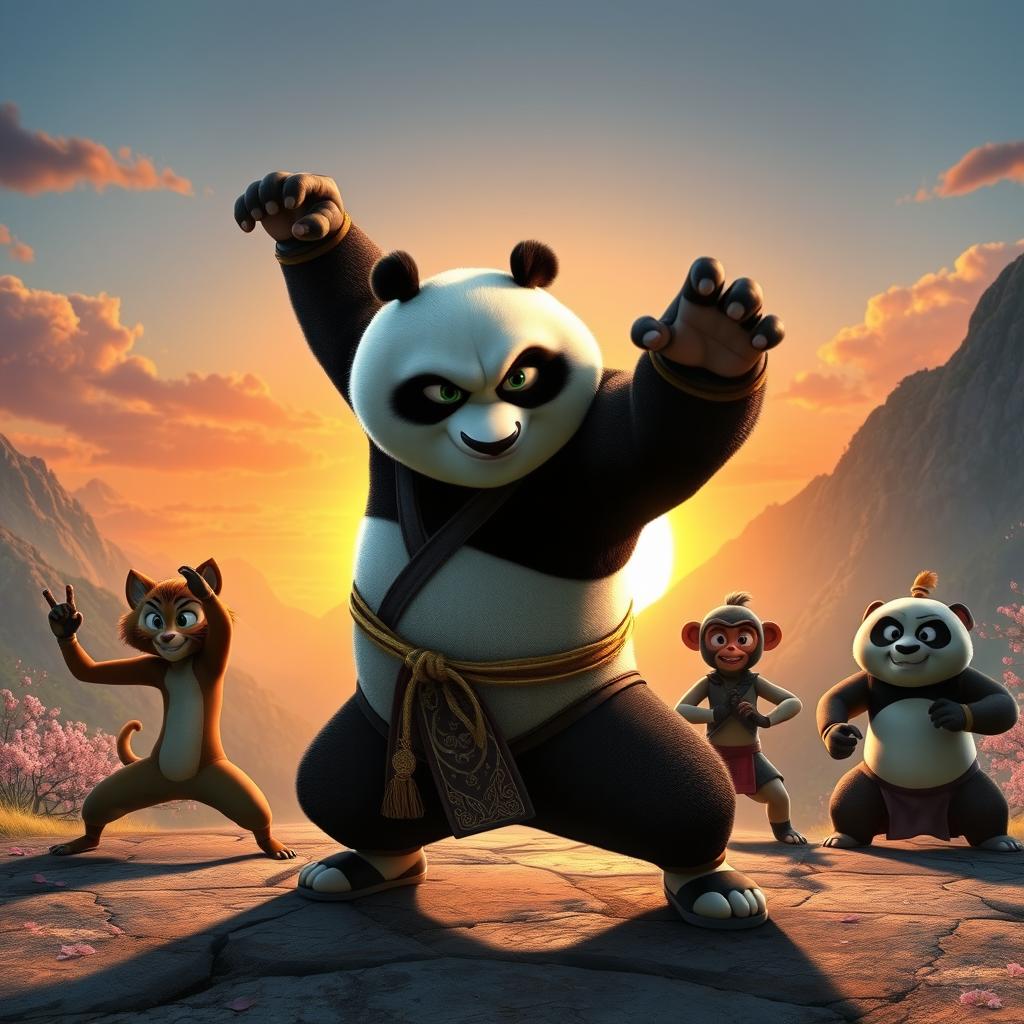 An epic cinematic scene from an imaginary animated movie 'Kung Fu Panda 4', featuring Po the panda, now older and more skilled, wearing an ornate martial arts gi, poised in a dynamic fighting stance