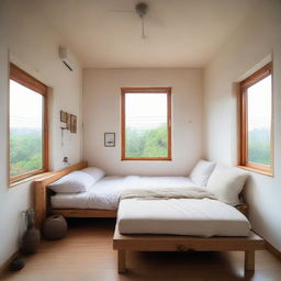 A cozy 4x4 meter room featuring a comfortable couch, a 140x200 size bed, and a large window letting in natural light.