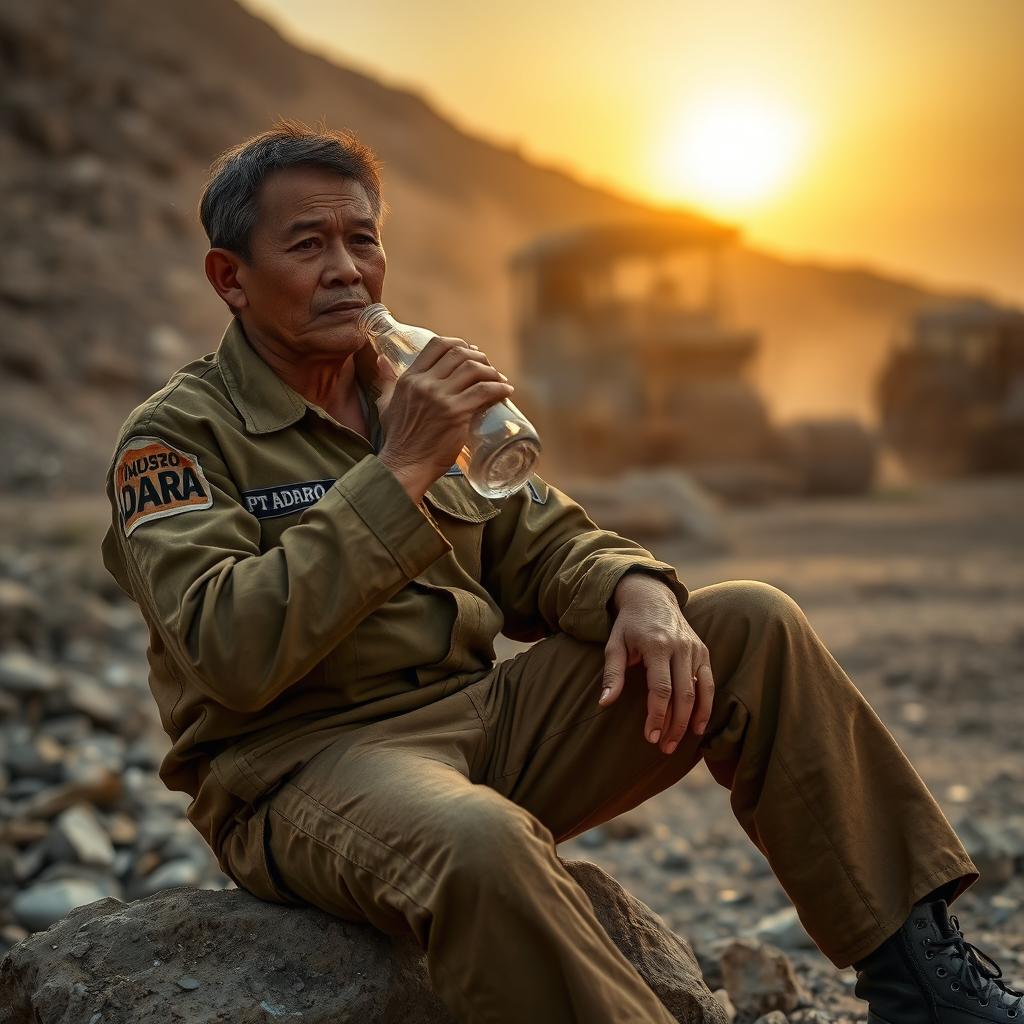 A weary employee of PT Adaro Indonesia, dressed in a rugged mining uniform, sitting down on a rocky clip during a break