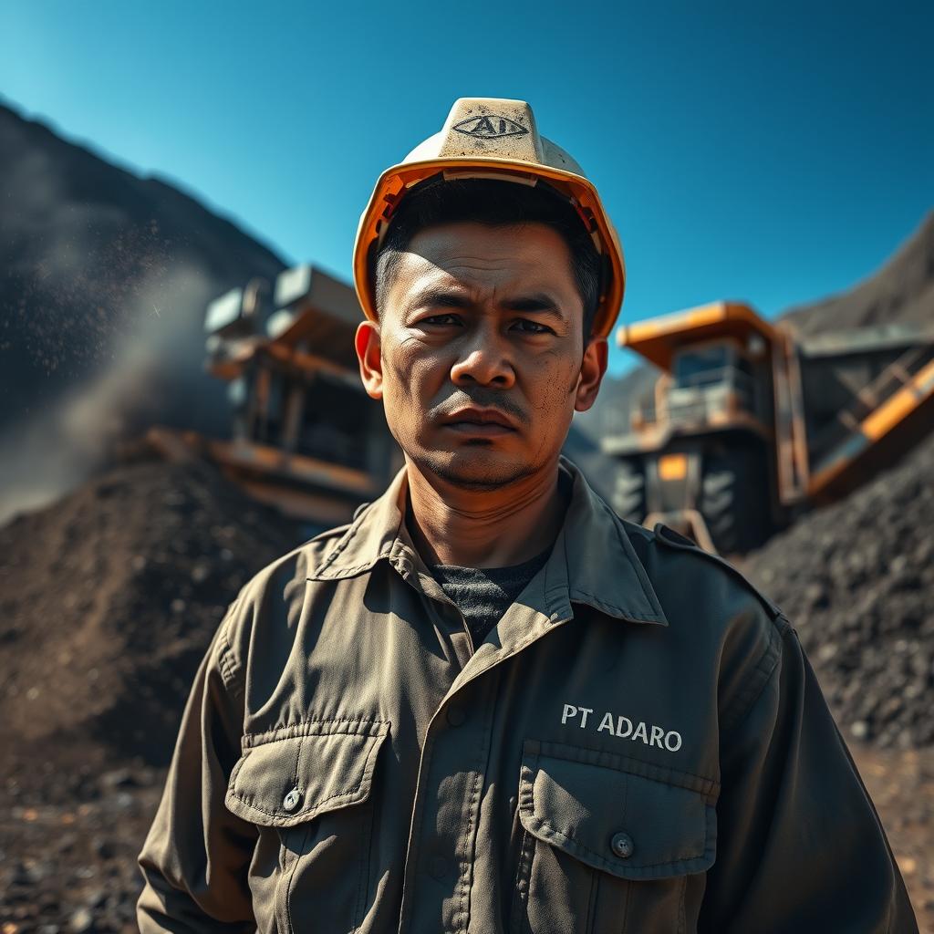 A fatigued employee of PT Adaro Indonesia, dressed in a rugged mining uniform, stands amidst a coal mining site