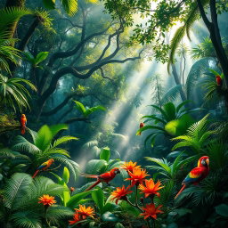 A stunning view of a vibrant jungle scene, teeming with lush green foliage, towering trees, and exotic plants