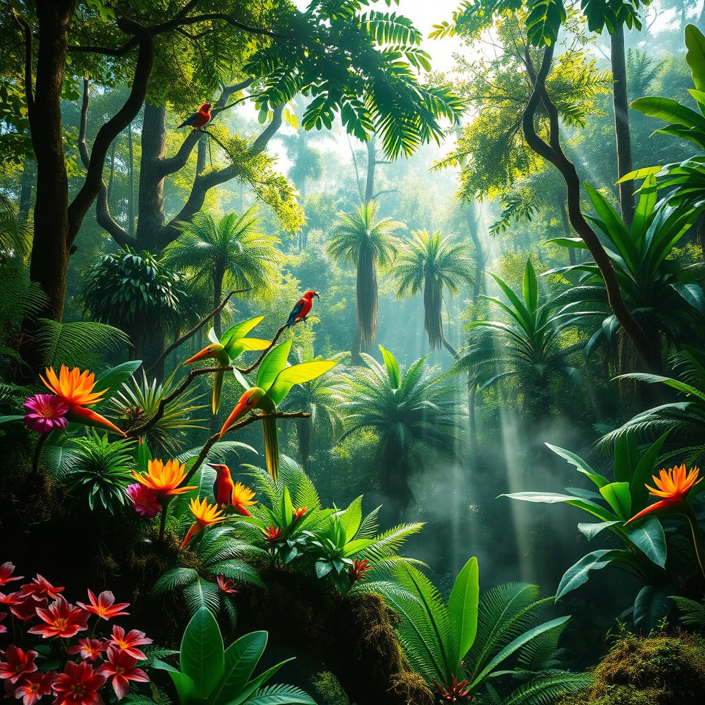A stunning view of a vibrant jungle scene, teeming with lush green foliage, towering trees, and exotic plants