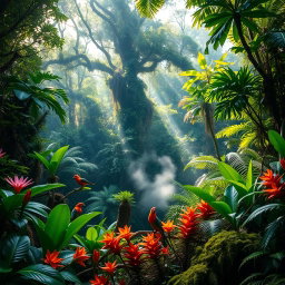 A stunning view of a vibrant jungle scene, teeming with lush green foliage, towering trees, and exotic plants