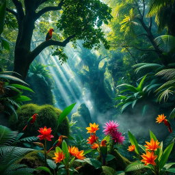A stunning view of a vibrant jungle scene, teeming with lush green foliage, towering trees, and exotic plants