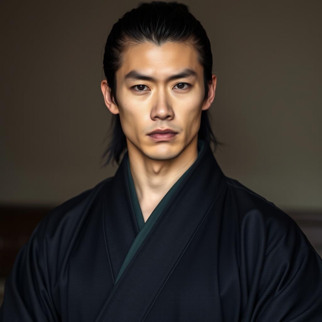 A Japanese man dressed in a traditional black kimono, with tied hair
