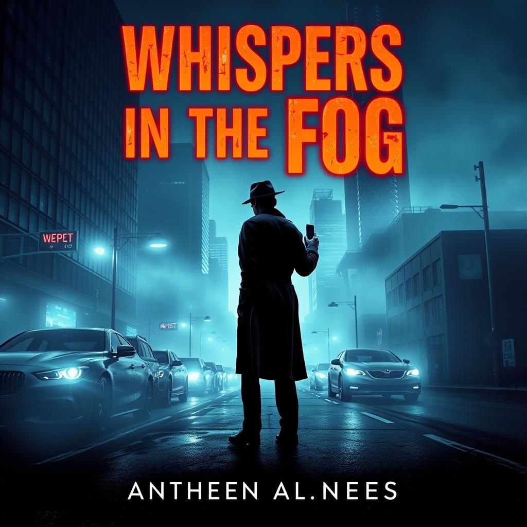A modern noir-style book cover for 'Whispers in the Fog'