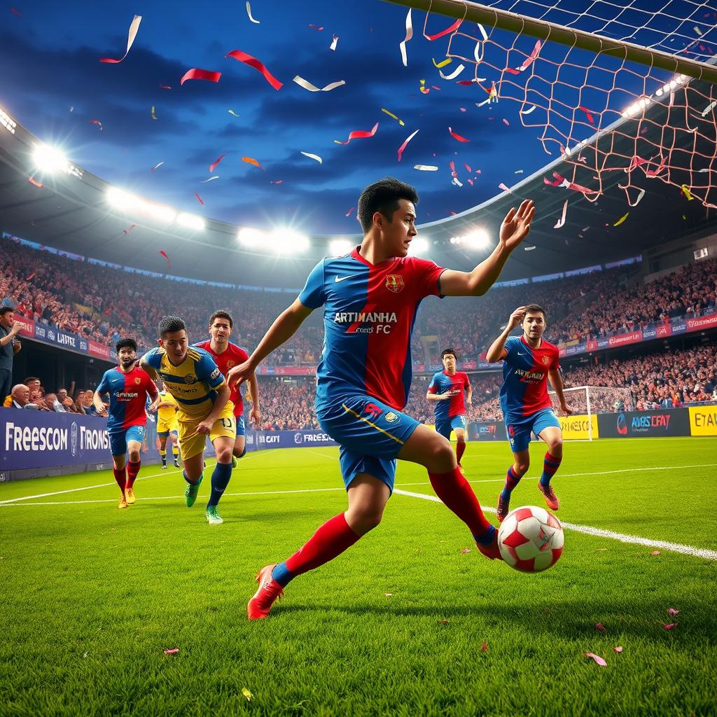 A vibrant and dynamic football (soccer) scene featuring players from 'Artimanha FC' in action