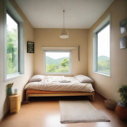 A cozy 4x4 meter room featuring a comfortable couch, a 140x200 size bed, and a large window letting in natural light.