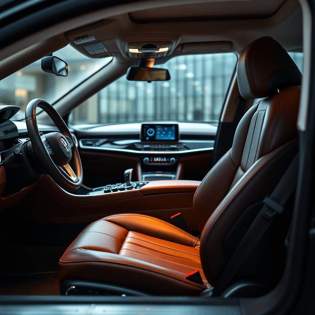 A sleek, professional interior of a high-end car, elegantly designed with luxurious leather seats