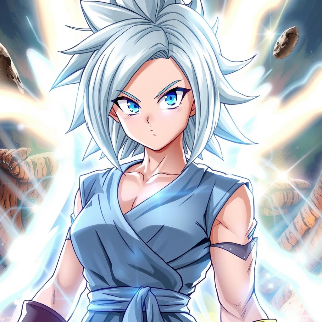 A girl embodying the Ultra Instinct power from Dragon Ball, with sleek silver hair glowing luminous white, eyes radiating a celestial blue energy