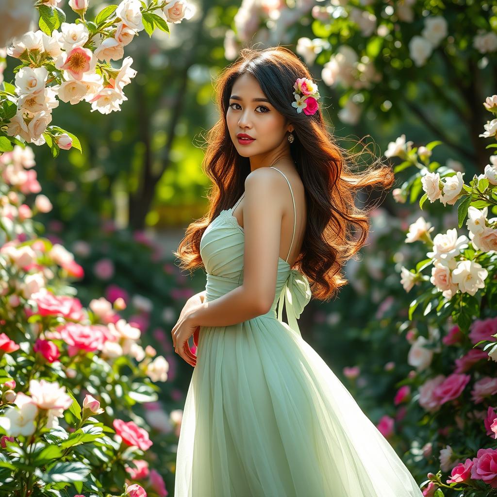 A beautiful woman in an elegant dress standing gracefully amidst a lush garden filled with blooming flowers and soft sunlight filtering through the leaves