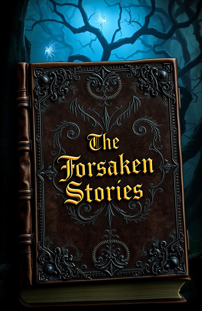 A dark fantasy book cover featuring an ancient, weathered book with intricate leather binding
