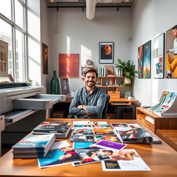 A vibrant, eye-catching photo for an Instagram post showcasing a modern marketing and print studio