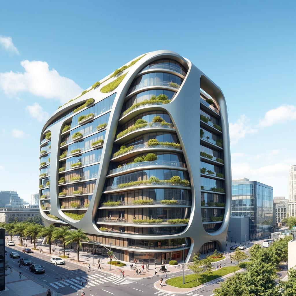 A futuristic 12-story building designed in Neo-Futurism style, featuring sleek curves and dynamic shapes with glass and metal facades, incorporating green technologies such as vertical gardens and solar panels