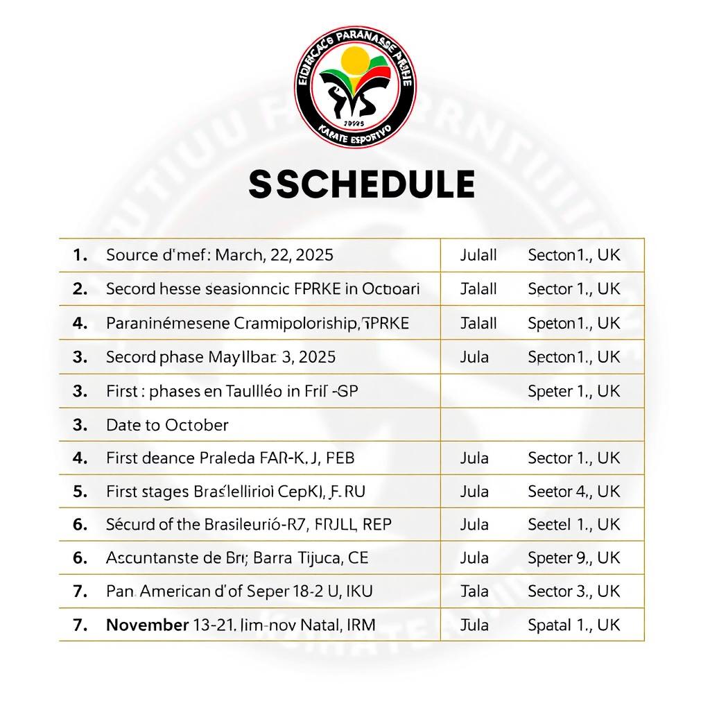 A beautiful and professional table displaying the schedule of the Federação Paranaense de Karate Esportivo (FPRKE) with their logo subtly included as the background