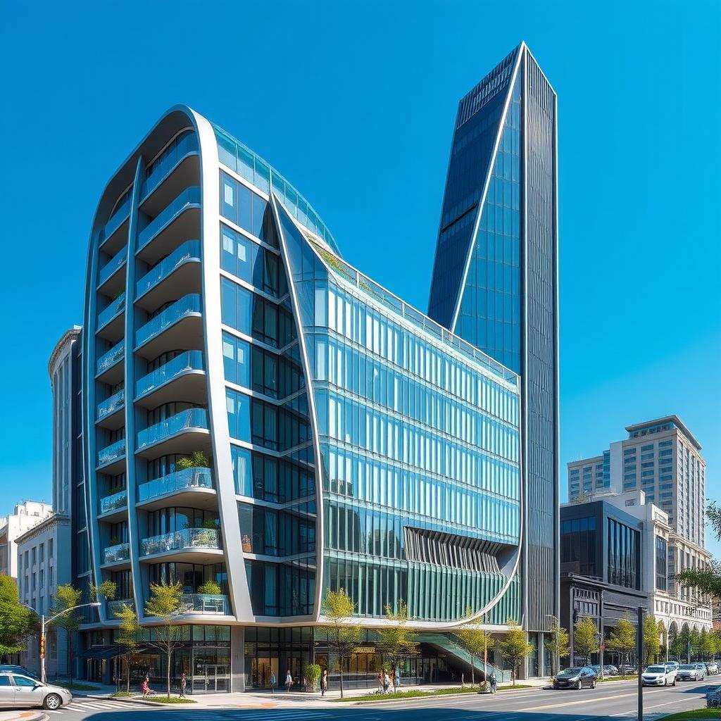 A sleek and slender 12-story building designed in Neo-Futurism style, characterized by its elegant, elongated silhouette and dynamic curves, showcasing glass and metal facades
