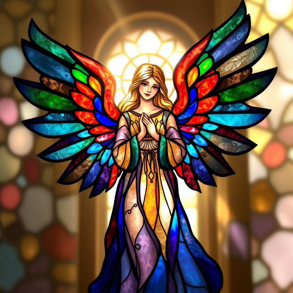 A stunning stained glass angel depicting a graceful figure with large, colorful wings, rich jewel tones of blues, reds, and greens illuminated by sunlight streaming through a window, surrounded by ethereal light