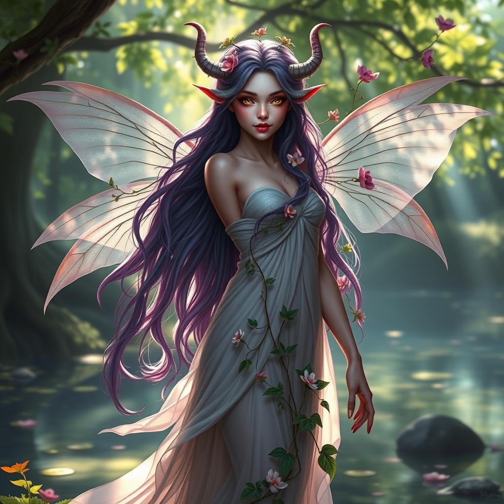 A beautiful female nymph with striking Tiefling heritage, featuring long, flowing hair intertwined with vines and flowers