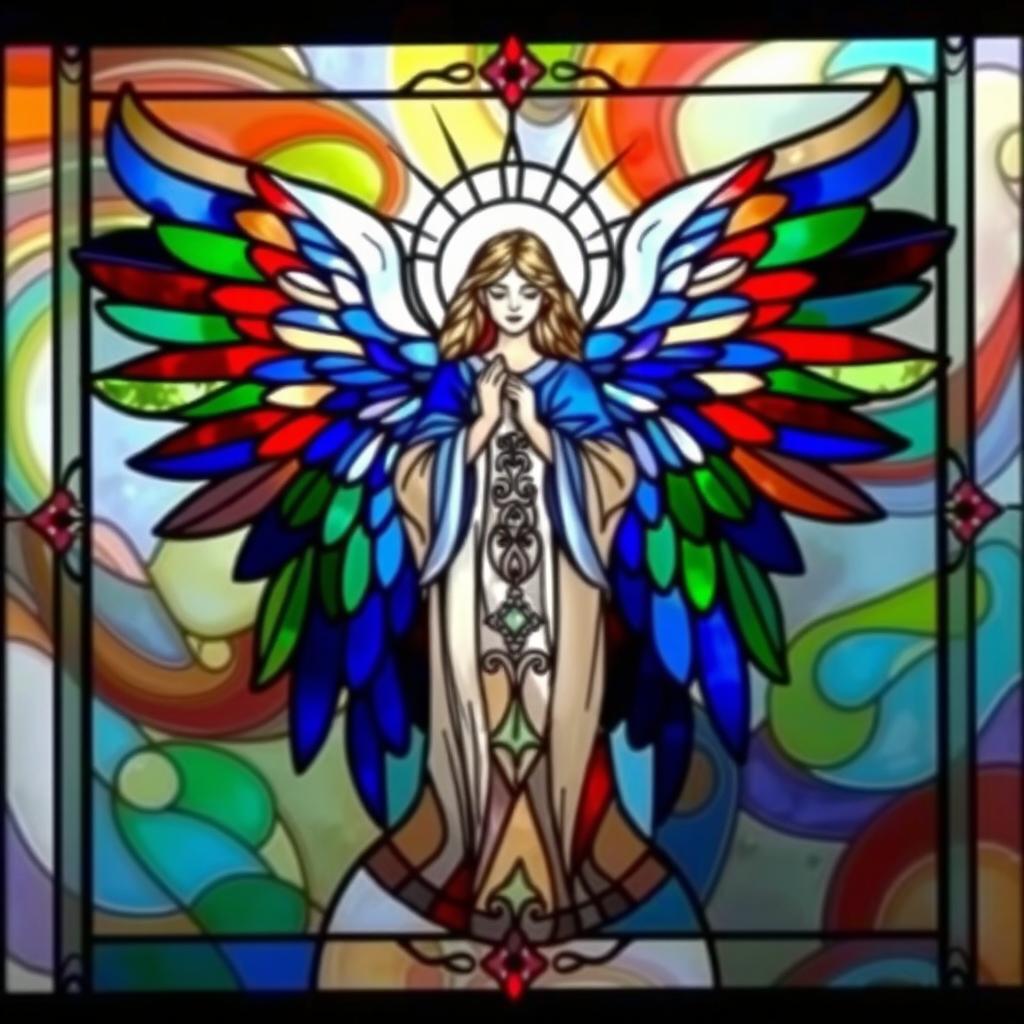 A beautiful stained glass angel designed as wall art, featuring a majestic angel with expansive, vividly colored wings