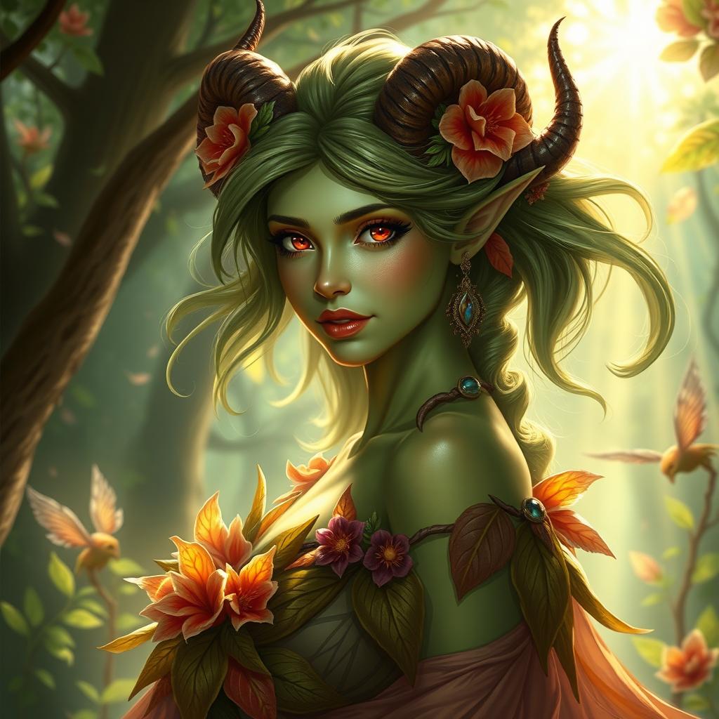 A stunning female nymph with vibrant green skin and elegant, flowing hair adorned with flowers