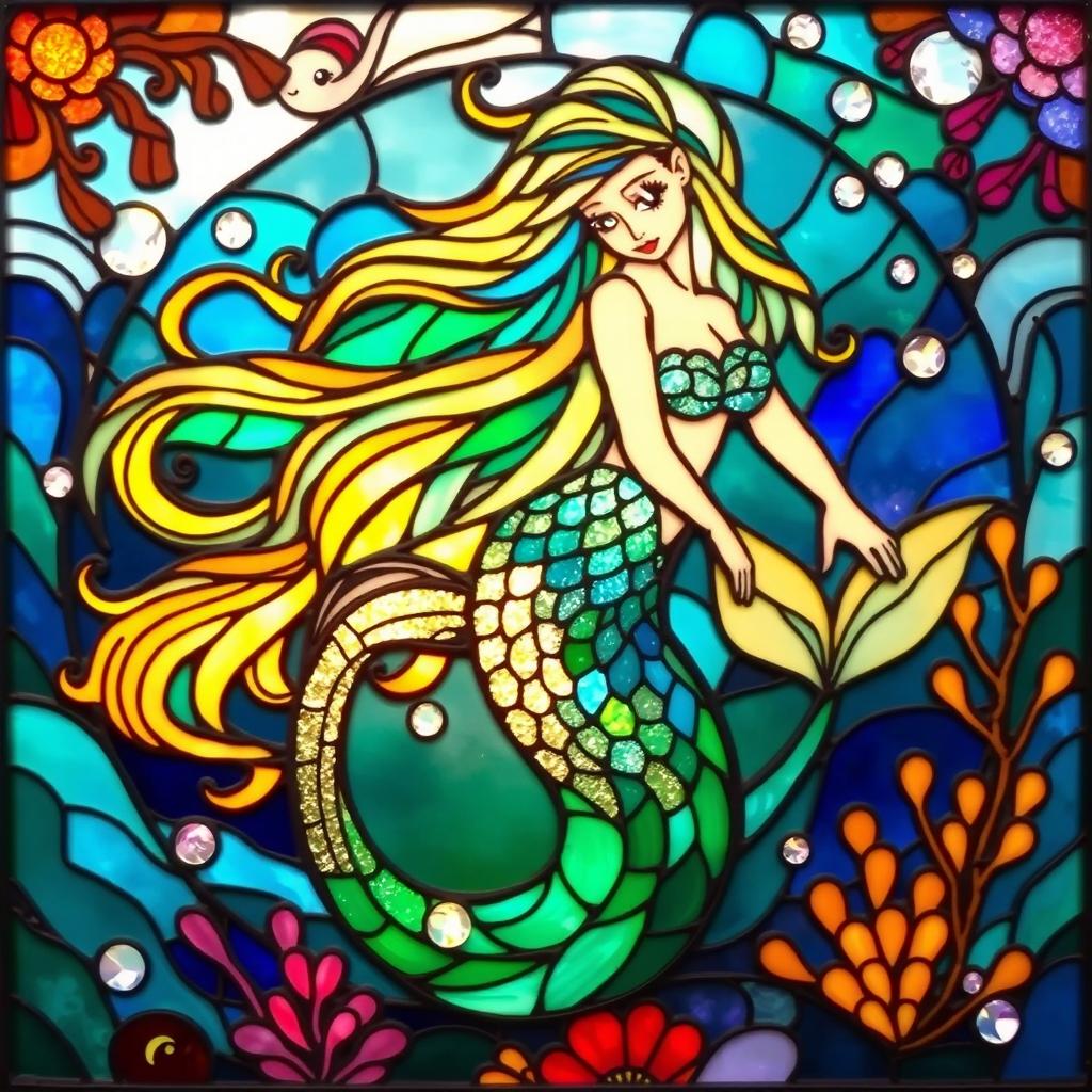 A captivating stained glass mermaid designed as wall art, featuring an enchanting mermaid with flowing hair and a shimmering tail, surrounded by vibrant ocean-themed elements