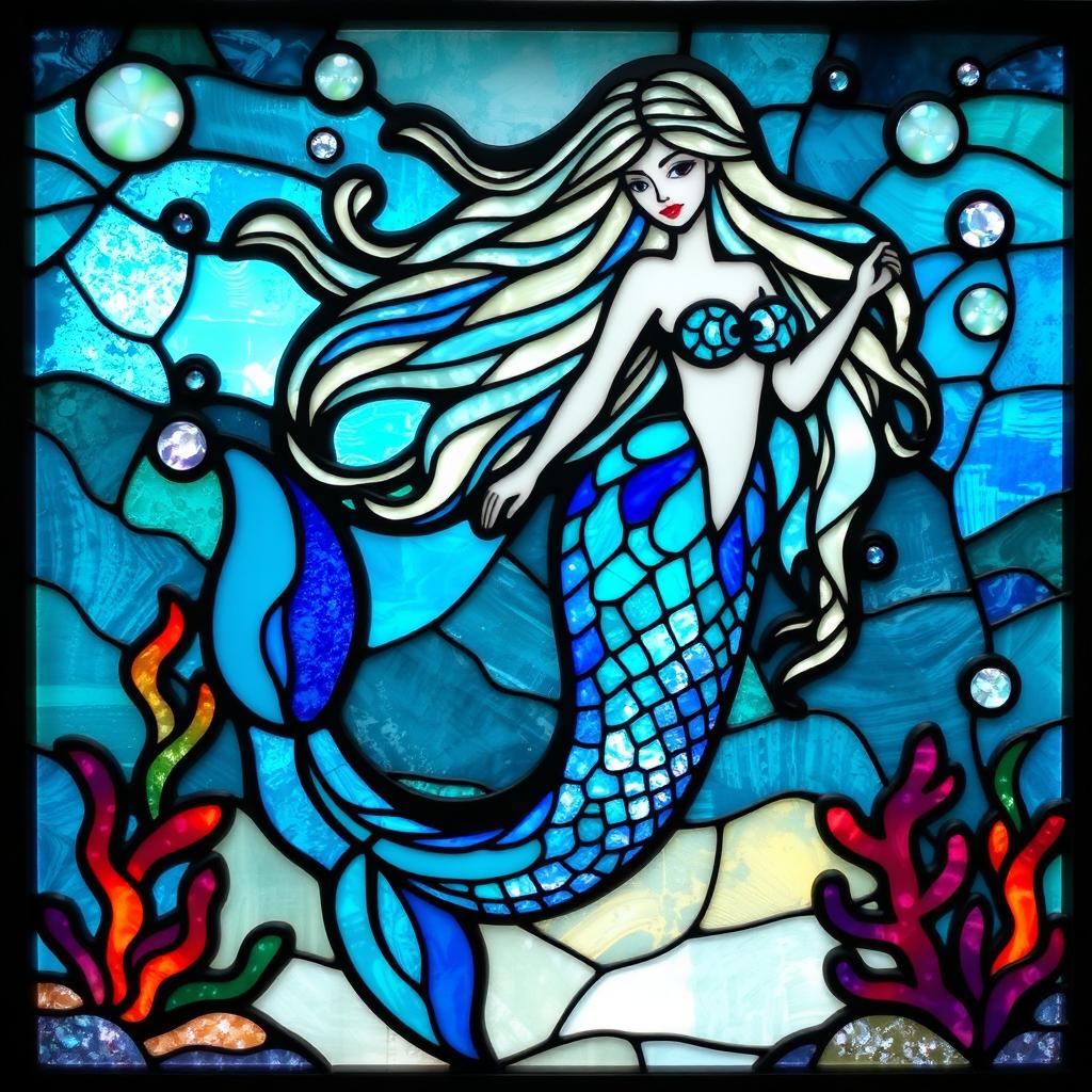 A mesmerizing stained glass mermaid designed as wall art, showcasing an enchanting mermaid with long, flowing hair and a beautifully detailed, iridescent tail