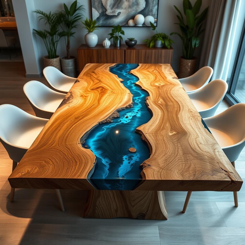 A stunning river table crafted from diverse wooden pieces, ranging in size from 7 cm to 20 cm