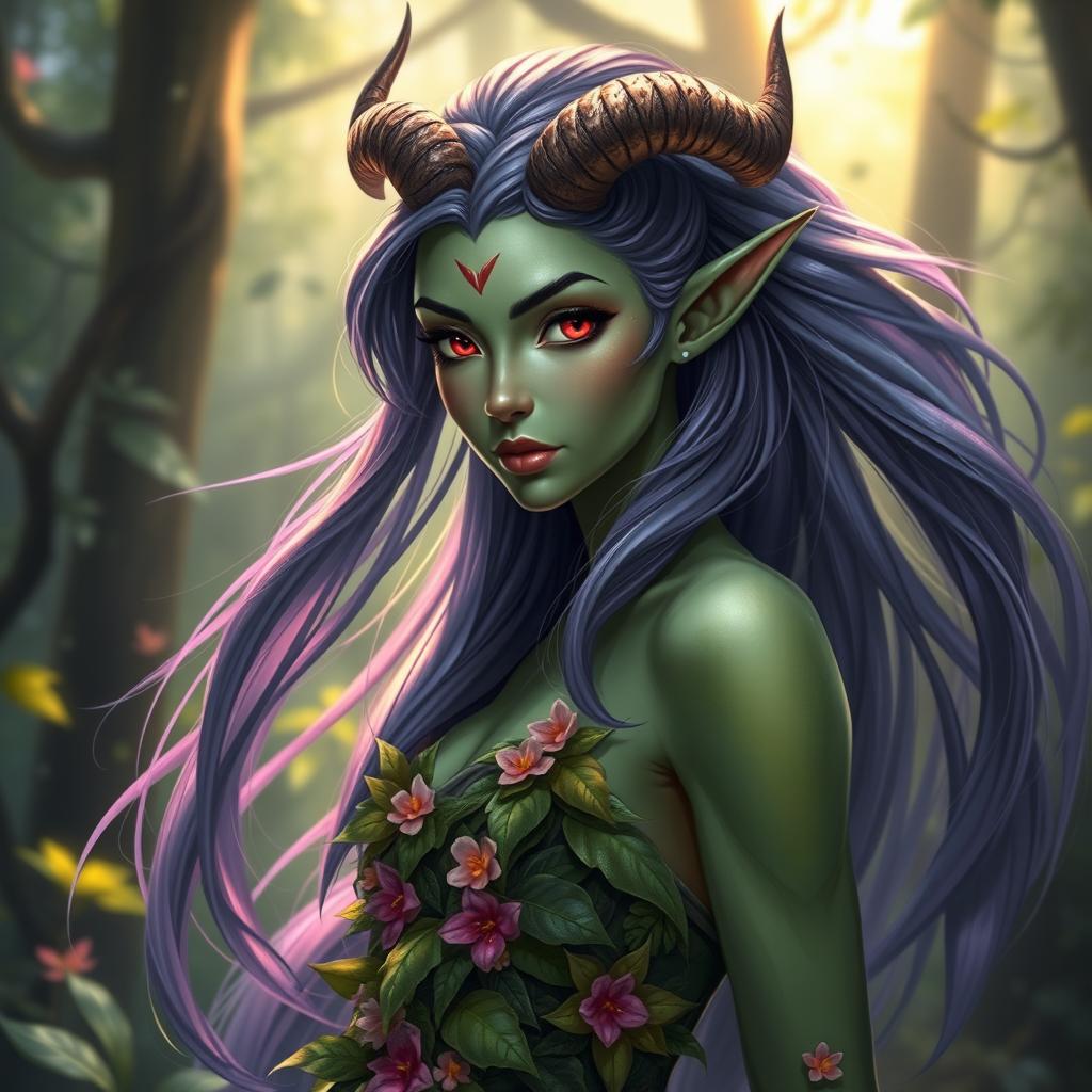 A beautiful female nymph showcasing her Tiefling heritage, featuring a graceful figure with vibrant green skin and long, flowing hair that shimmers with hints of purple and silver