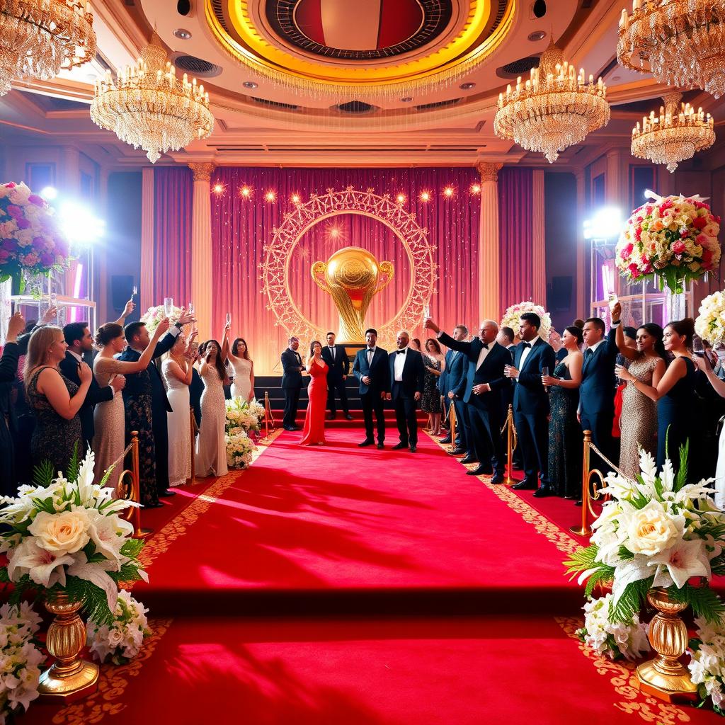 A luxurious setting showcasing a grand celebration for the Ballon d'Or ceremony, featuring an elegant red carpet adorned with golden accents