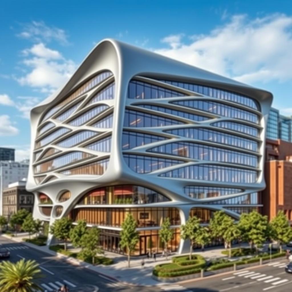 A striking 12-story building designed in Neo-Futurism style with an aerodynamic shape, featuring smooth, flowing lines and a streamlined silhouette that suggests movement