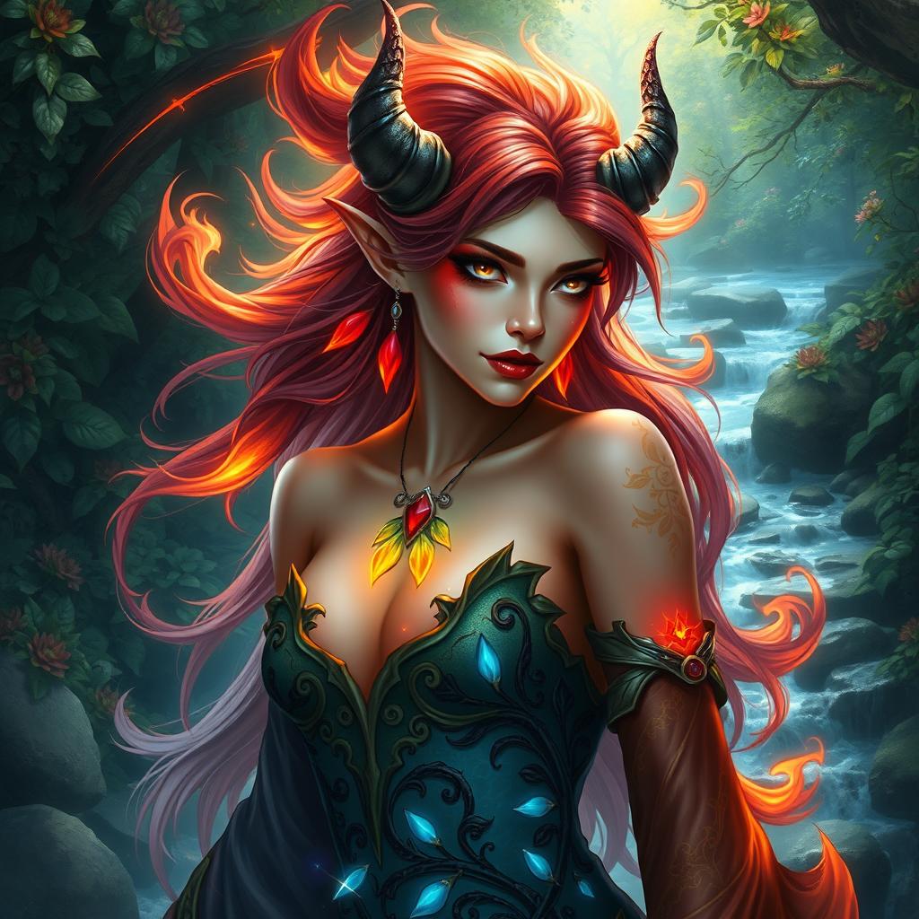 A mystical female nymph with Tiefling heritage, featuring vibrant skin tones and alluring features that blend both ethereal beauty and demonic allure