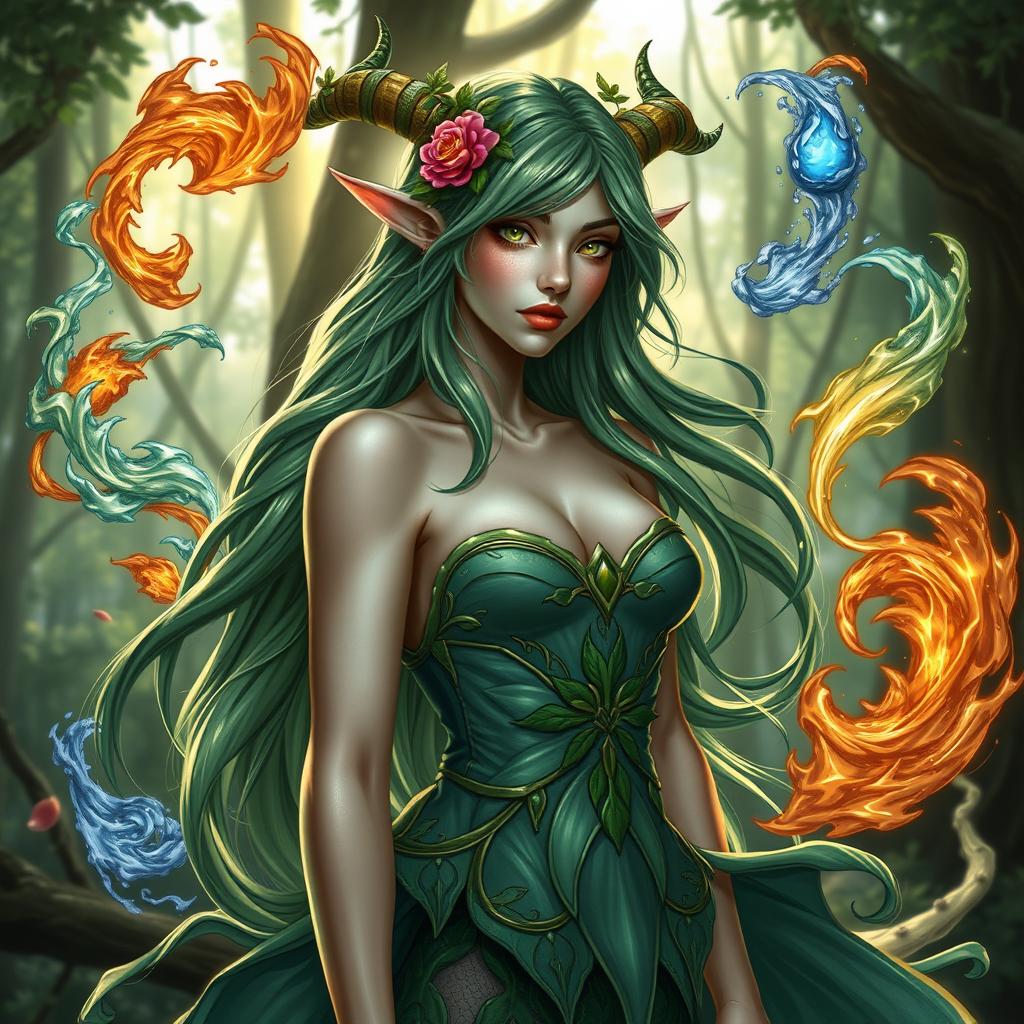 A stunning female nymph with shimmering skin and green hair that flows like water, showcasing her Tiefling heritage through small, elegant horns adorned with vines and flowers