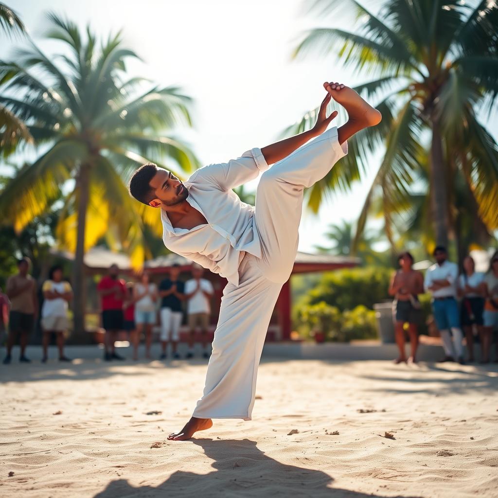A dynamic scene depicting a skilled man practicing capoeira, showcasing his incredible acrobatic moves