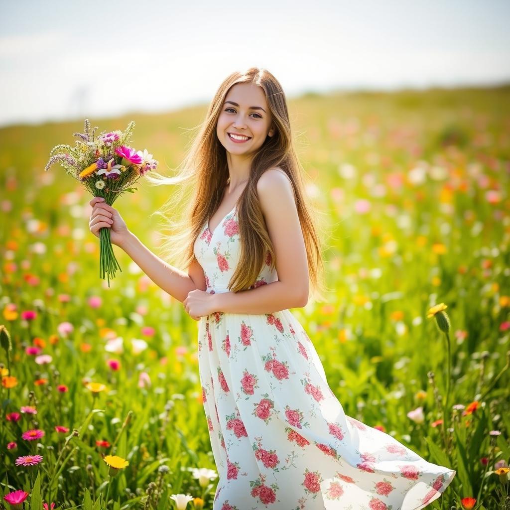 A young woman standing gracefully in a vibrant green meadow, holding a beautiful bouquet of wildflowers in her left hand