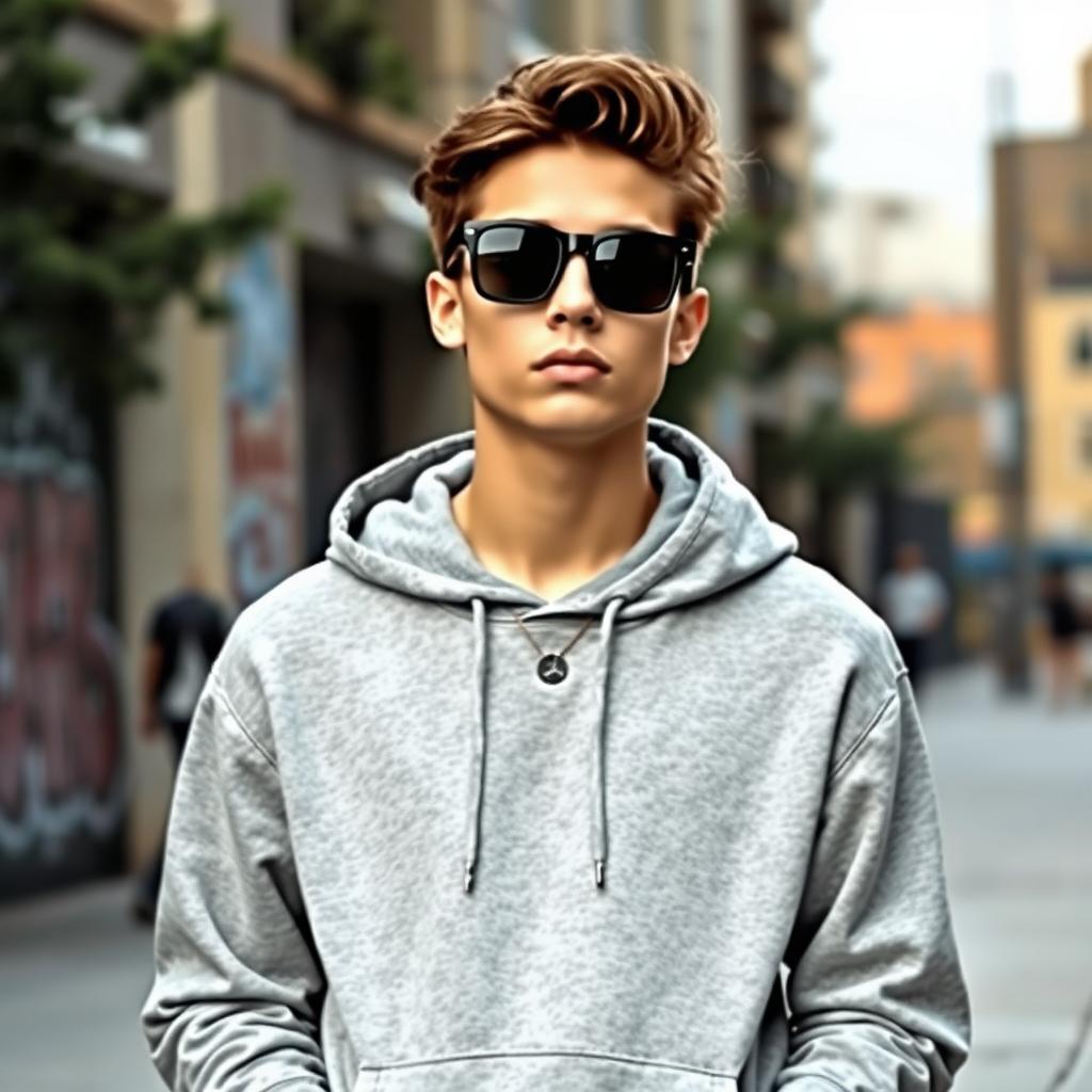 A stylish young adult wearing square black sunglasses and a gray hoodie, exuding a cool and laid-back vibe