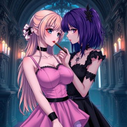 A gothic anime girl with striking purple hair, wearing a beautiful black dress complemented by a gothic black choker and showcasing her large breasts