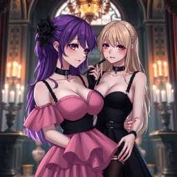 A gothic anime girl with striking purple hair, wearing a beautiful black dress complemented by a gothic black choker and showcasing her large breasts