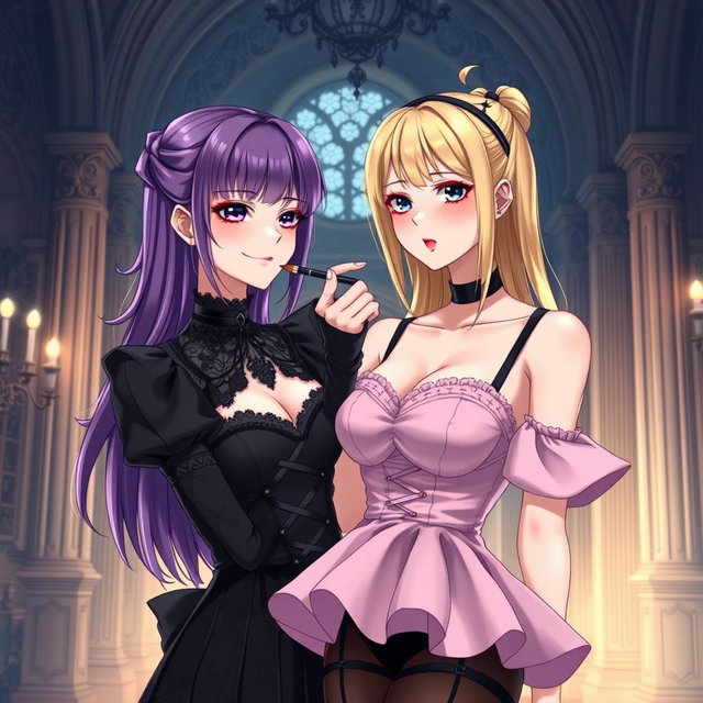 A gothic anime girl with striking purple hair, wearing a beautiful black dress complemented by a gothic black choker and showcasing her large breasts