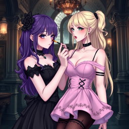 A gothic anime girl with striking purple hair, wearing a beautiful black dress complemented by a gothic black choker and showcasing her large breasts