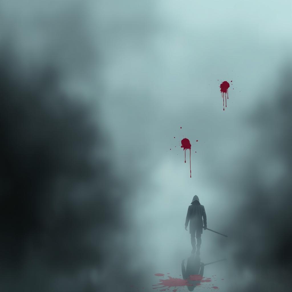A dark and foggy background, shrouded in thick mist with a moody atmosphere
